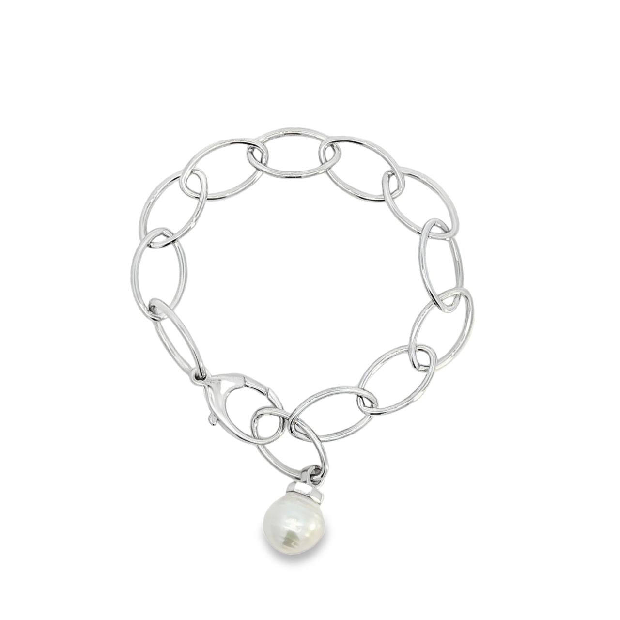 Sterling silver marquise link bracelet with 11mm South Sea pearl drop.