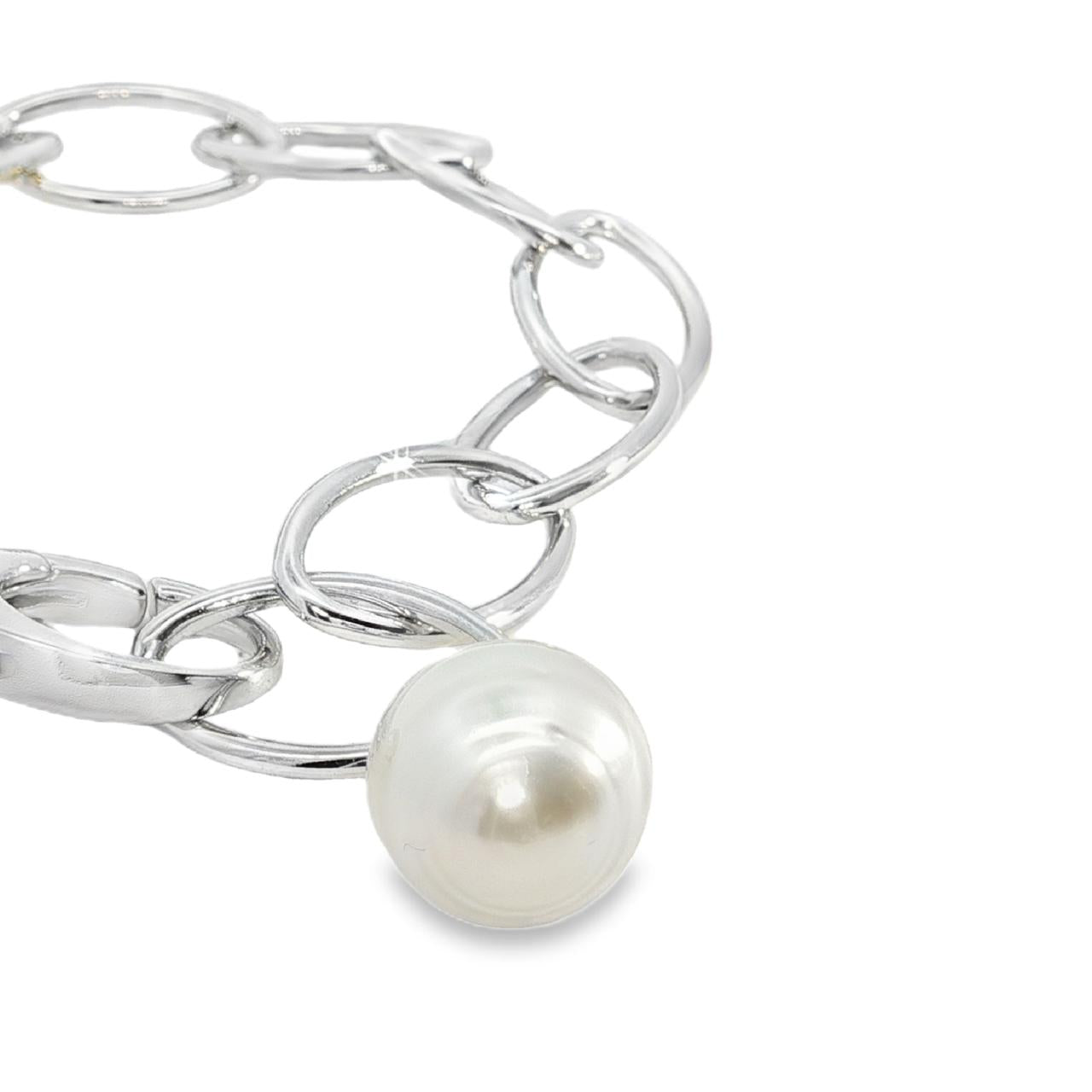Sterling silver marquise link bracelet with 11mm South Sea pearl drop.
