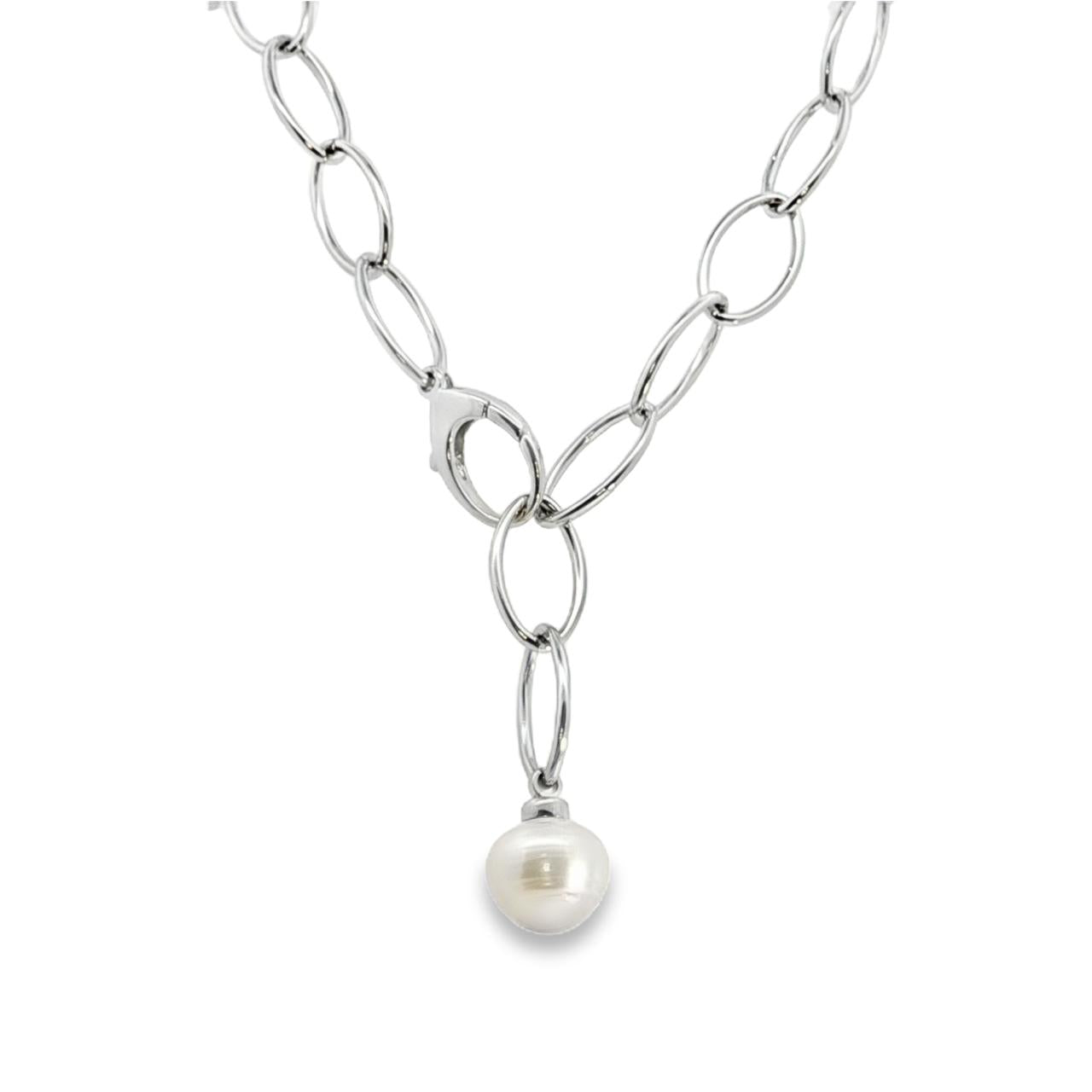 Sterling silver marquise link necklet with 12mm South Sea pearl drop.