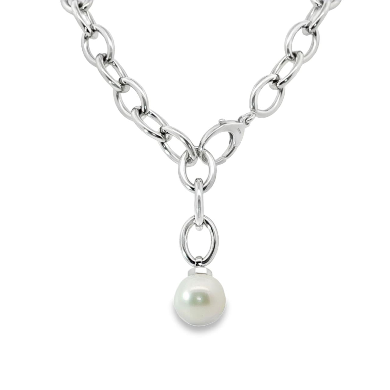Sterling silver marquise link necklet with 14mm circled South Sea pearl drop.