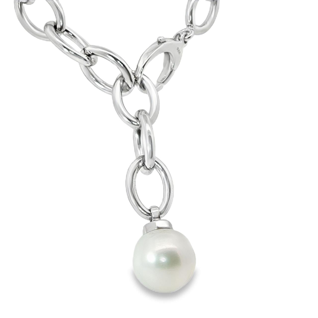 Sterling silver marquise link necklet with 14mm circled South Sea pearl drop.