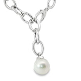 Sterling silver marquise link necklet with 14mm circled South Sea pearl drop.