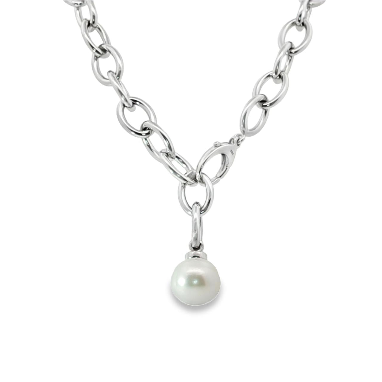 Sterling silver marquise link necklet with 14mm circled South Sea pearl drop.