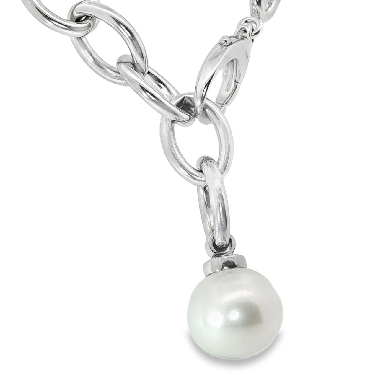 Sterling silver marquise link necklet with 14mm circled South Sea pearl drop.