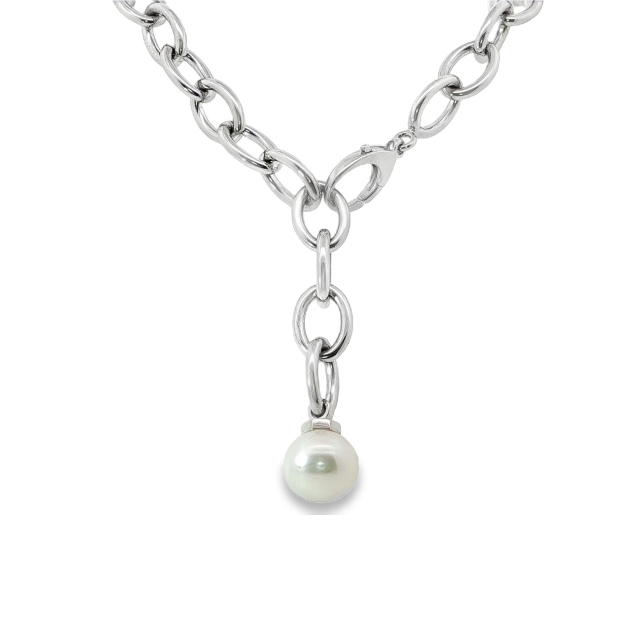 Sterling silver necklet with marquise links and 13mm circled South Sea pearl drop.
