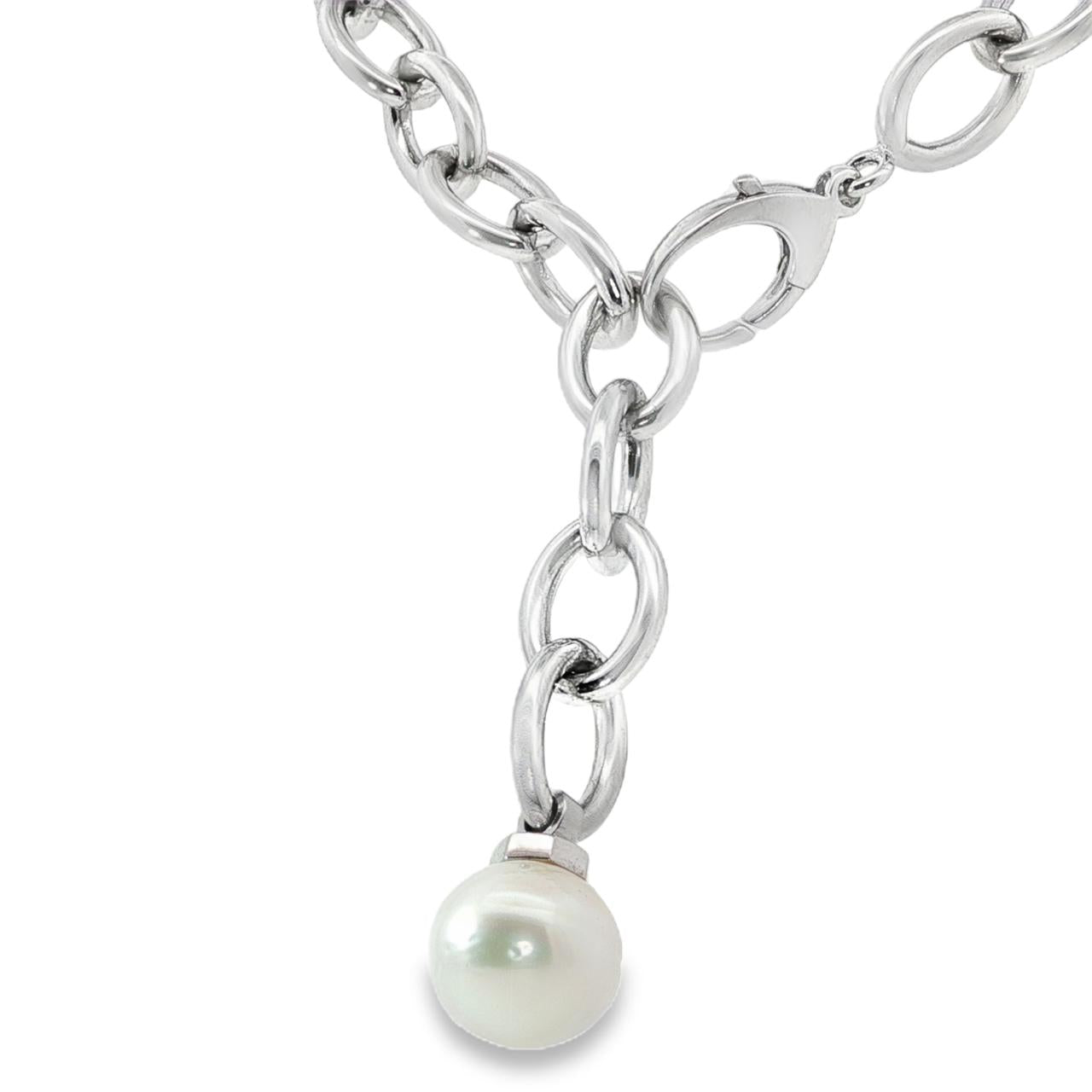 Sterling silver necklet with marquise links and 13mm circled South Sea pearl drop.