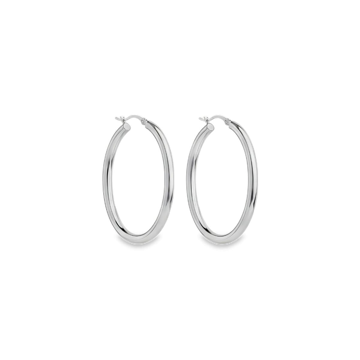 Sterling silver oval hoop earrings with elongated oval shape.