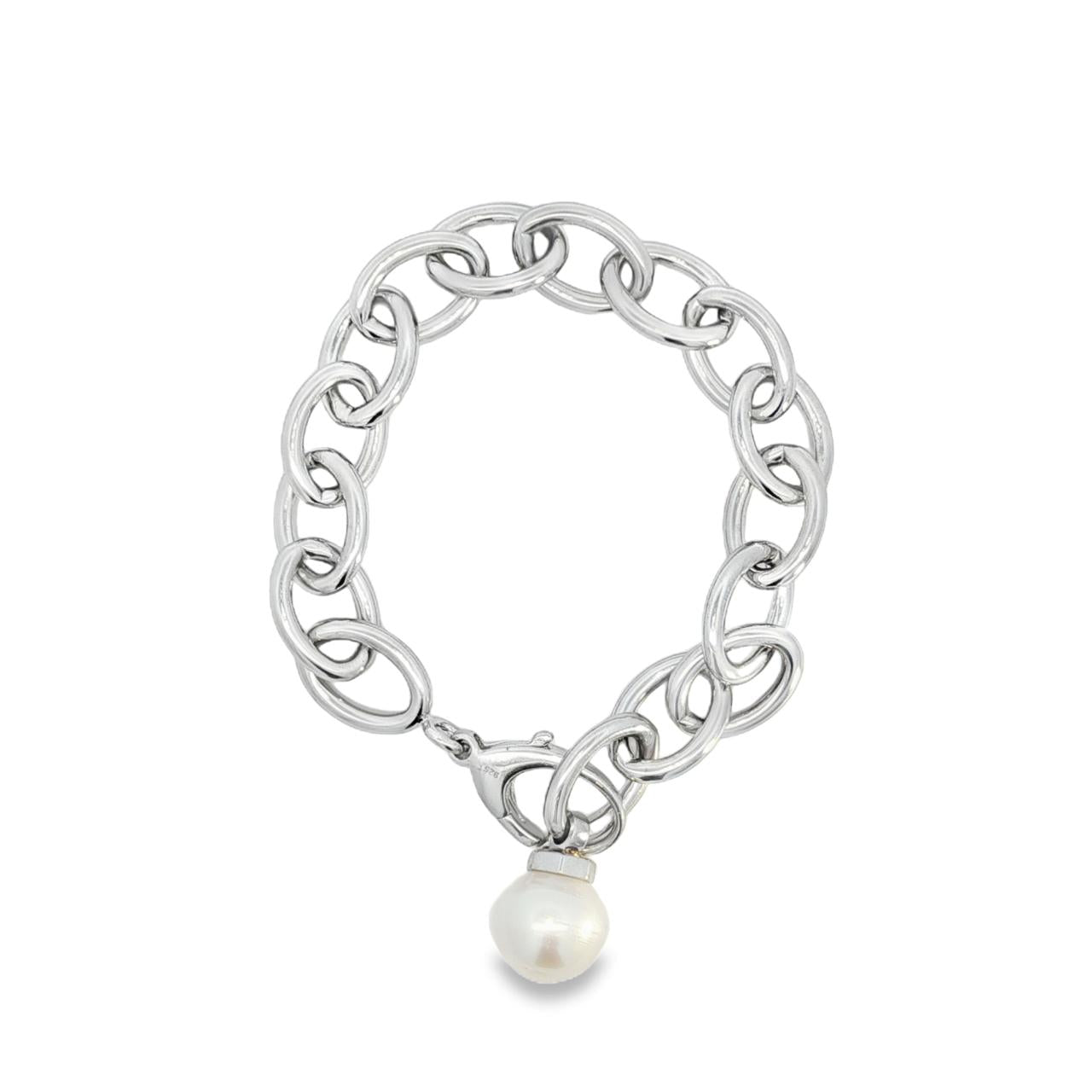Sterling silver oval link bracelet with 12mm South Sea pearl drop and toggle clasp.