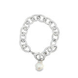 Sterling silver oval link bracelet with 12mm South Sea pearl drop and toggle clasp.