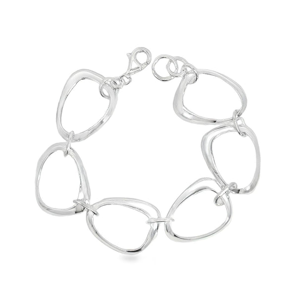 Sterling silver bracelet with open ovoid-shaped curved freeform links and lobster clasp, polished sculptural design.
