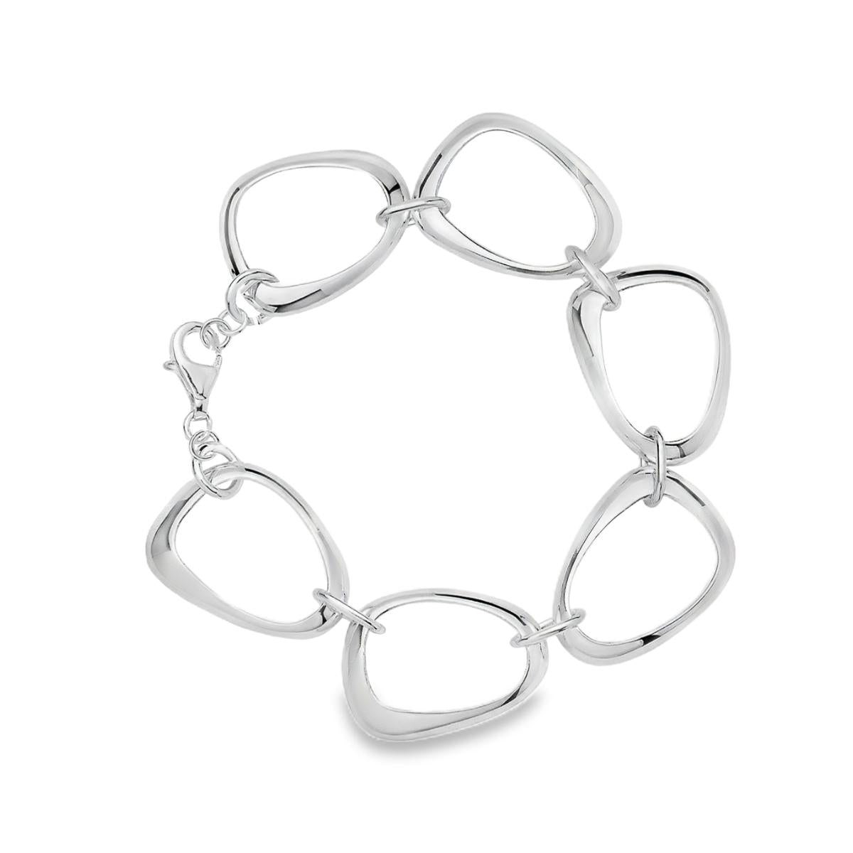 Sterling silver bracelet with open ovoid-shaped curved freeform links and lobster clasp, polished sculptural design.
