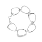 Sterling silver bracelet with open ovoid-shaped curved freeform links and lobster clasp, polished sculptural design.