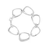 Sterling silver bracelet with open ovoid-shaped curved freeform links and lobster clasp, polished sculptural design.