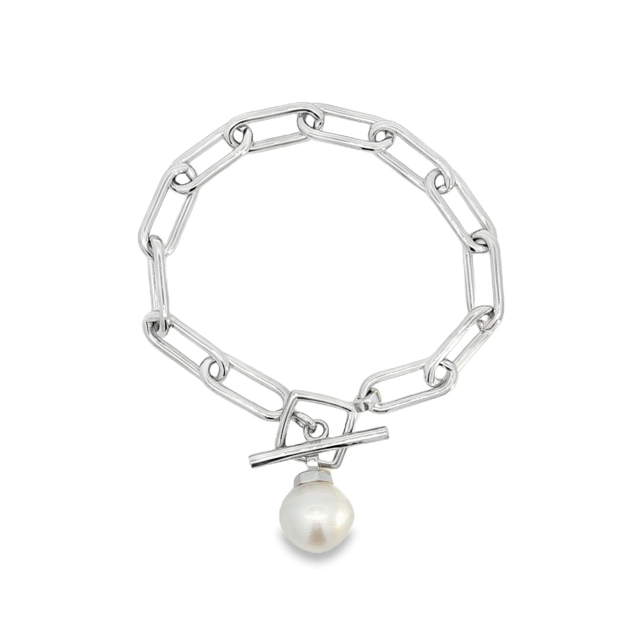 Sterling silver paperclip link bracelet with 13mm South Sea pearl drop.