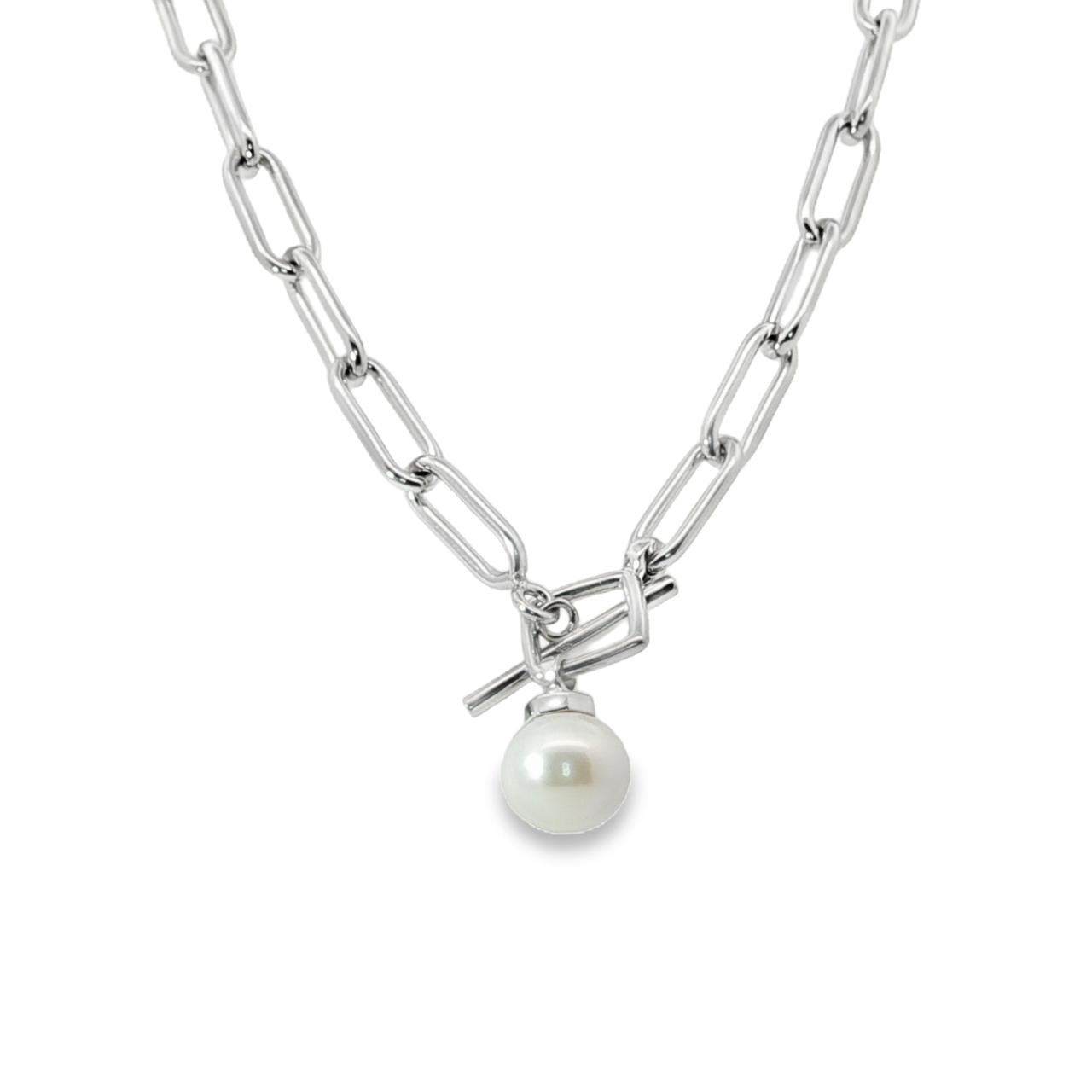 Sterling silver paperclip link necklet with 13mm circled South Sea pearl drop.