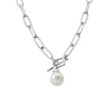 Sterling silver paperclip link necklet with 13mm circled South Sea pearl drop.