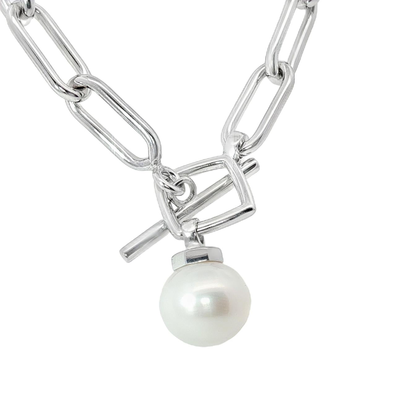 Sterling silver paperclip link necklet with 13mm circled South Sea pearl drop.