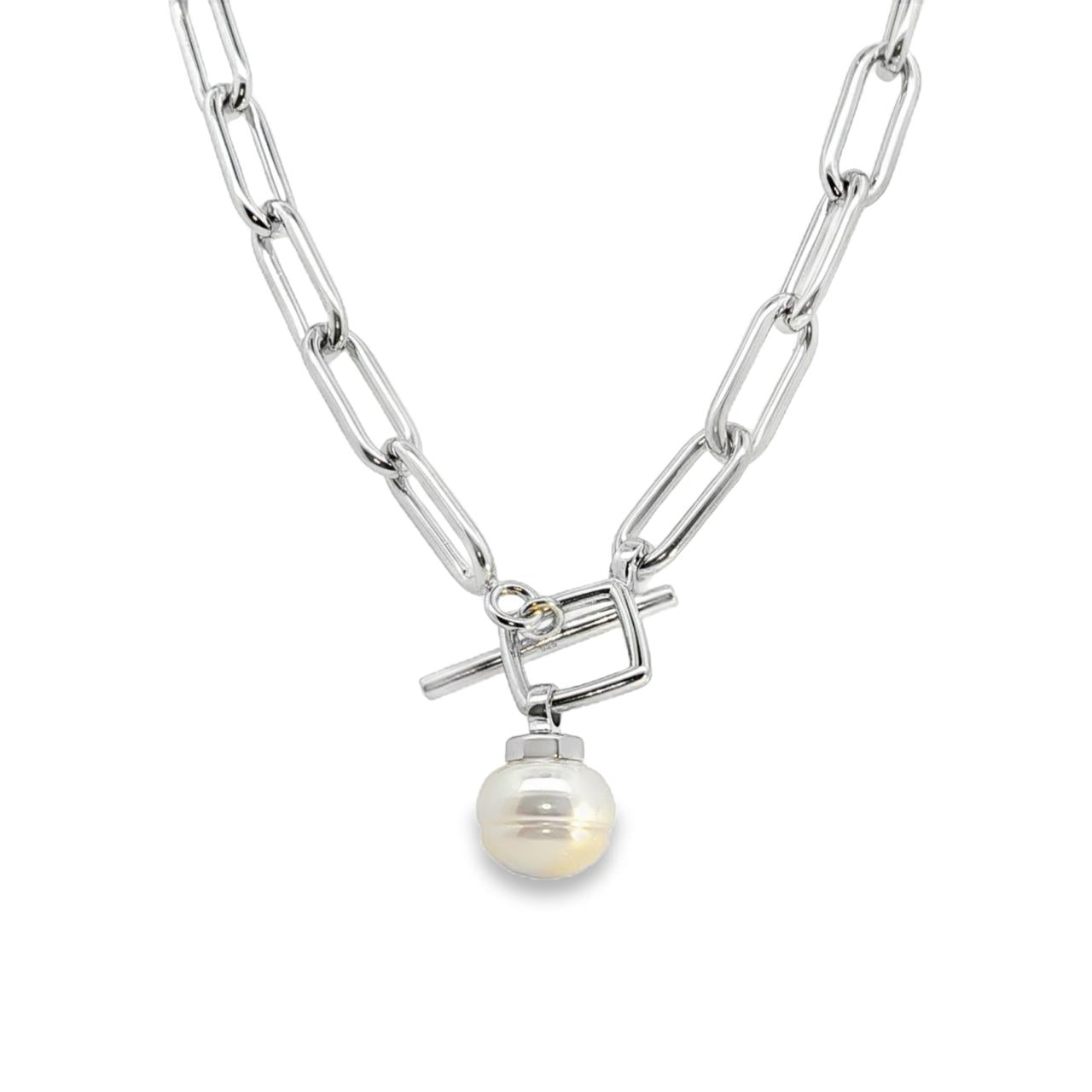 Sterling silver paperclip link necklet with 13mm South Sea pearl drop.