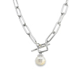 Sterling silver paperclip link necklet with 13mm South Sea pearl drop.