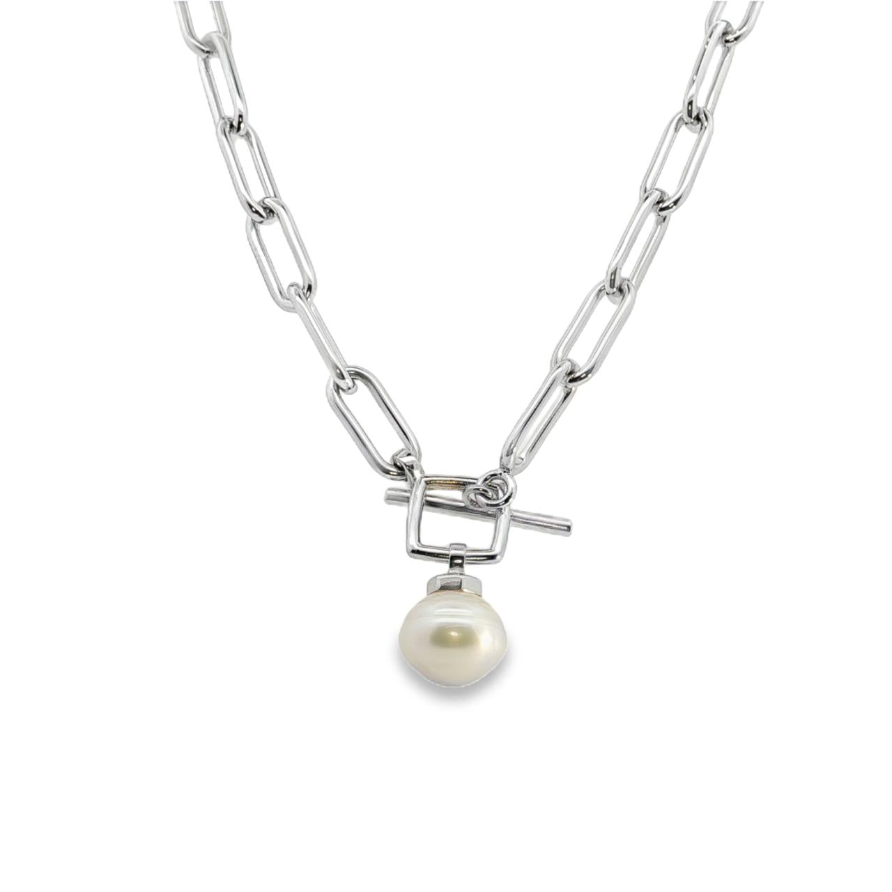 Sterling silver paperclip link necklet with 13mm South Sea pearl drop.