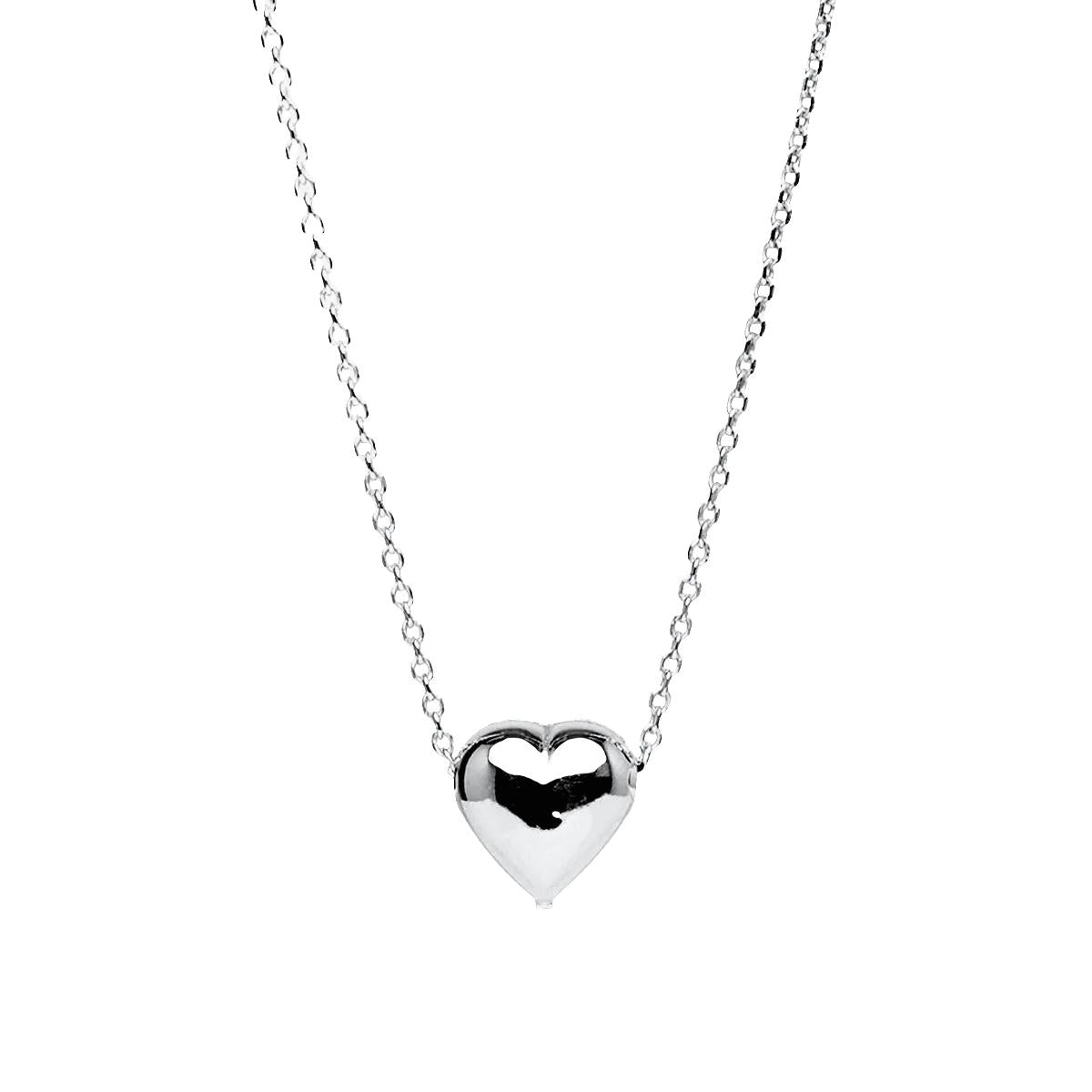sterling silver puff heart necklace with small heart pendant on fine trace chain
