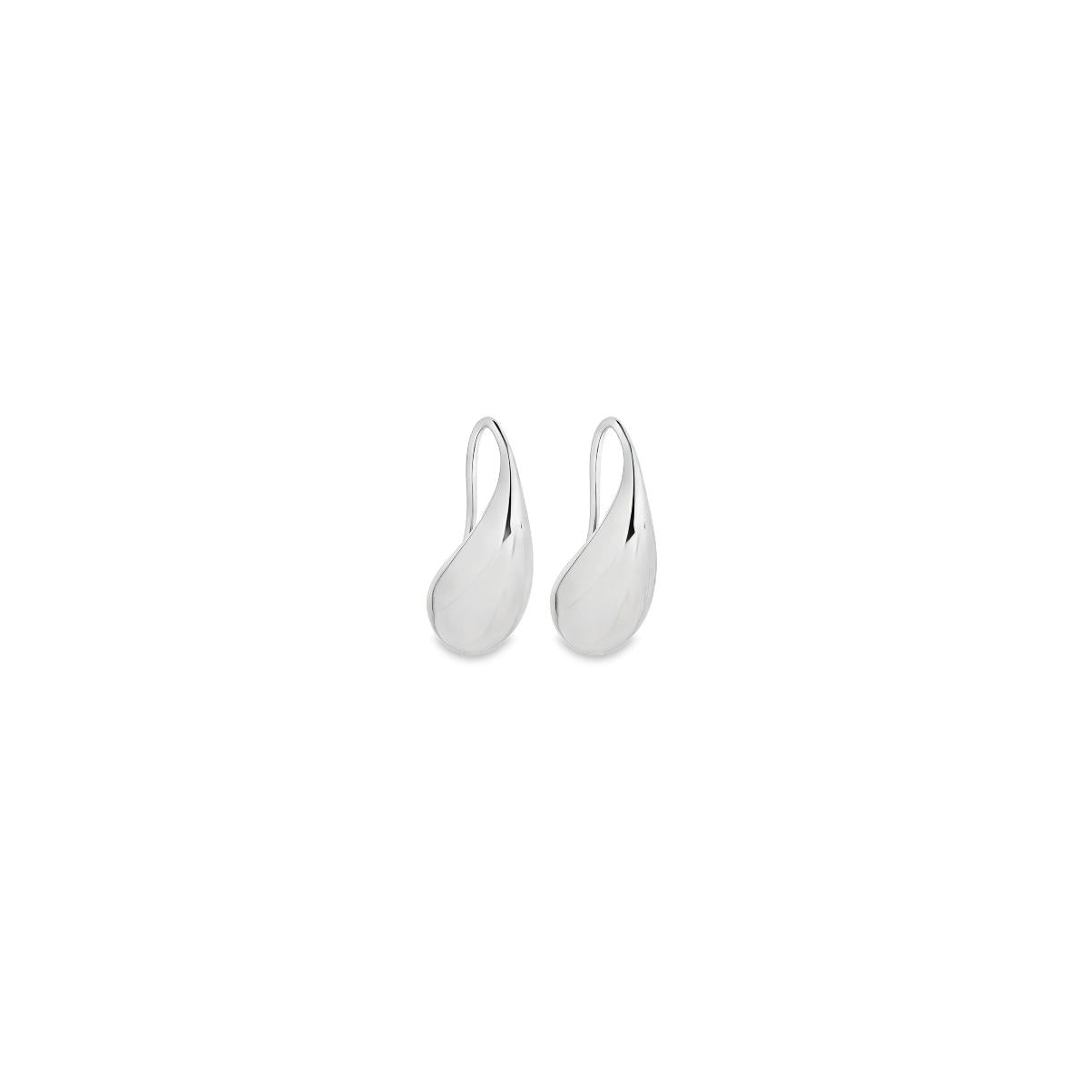 Sterling silver puff pear hook earrings with polished finish.