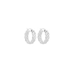 Sterling silver puff quilted hoop earrings with scalloped edge detailing.