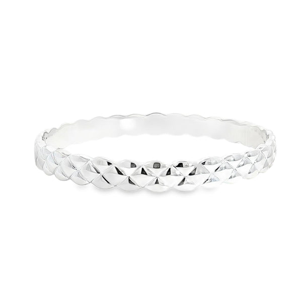 Sterling silver solid bangle featuring a puff quilted pattern with scalloped edges, polished finish, 8mm wide, 66mm internal diameter.