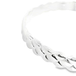 Sterling silver solid bangle featuring a puff quilted pattern with scalloped edges, polished finish, 8mm wide, 66mm internal diameter.