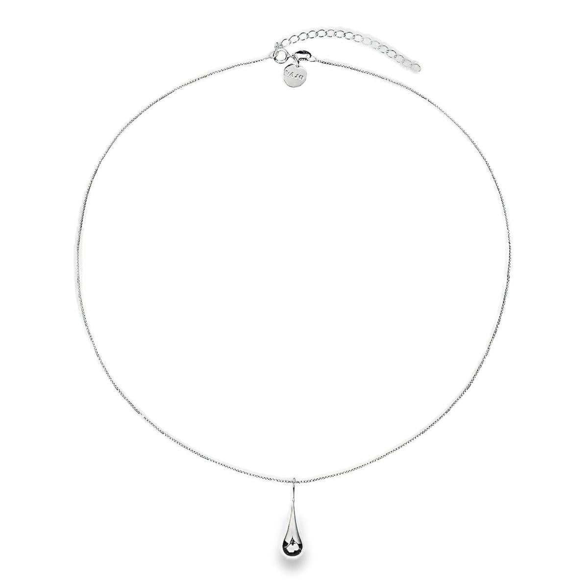 Sterling silver small graduated puff raindrop pendant on box link chain.