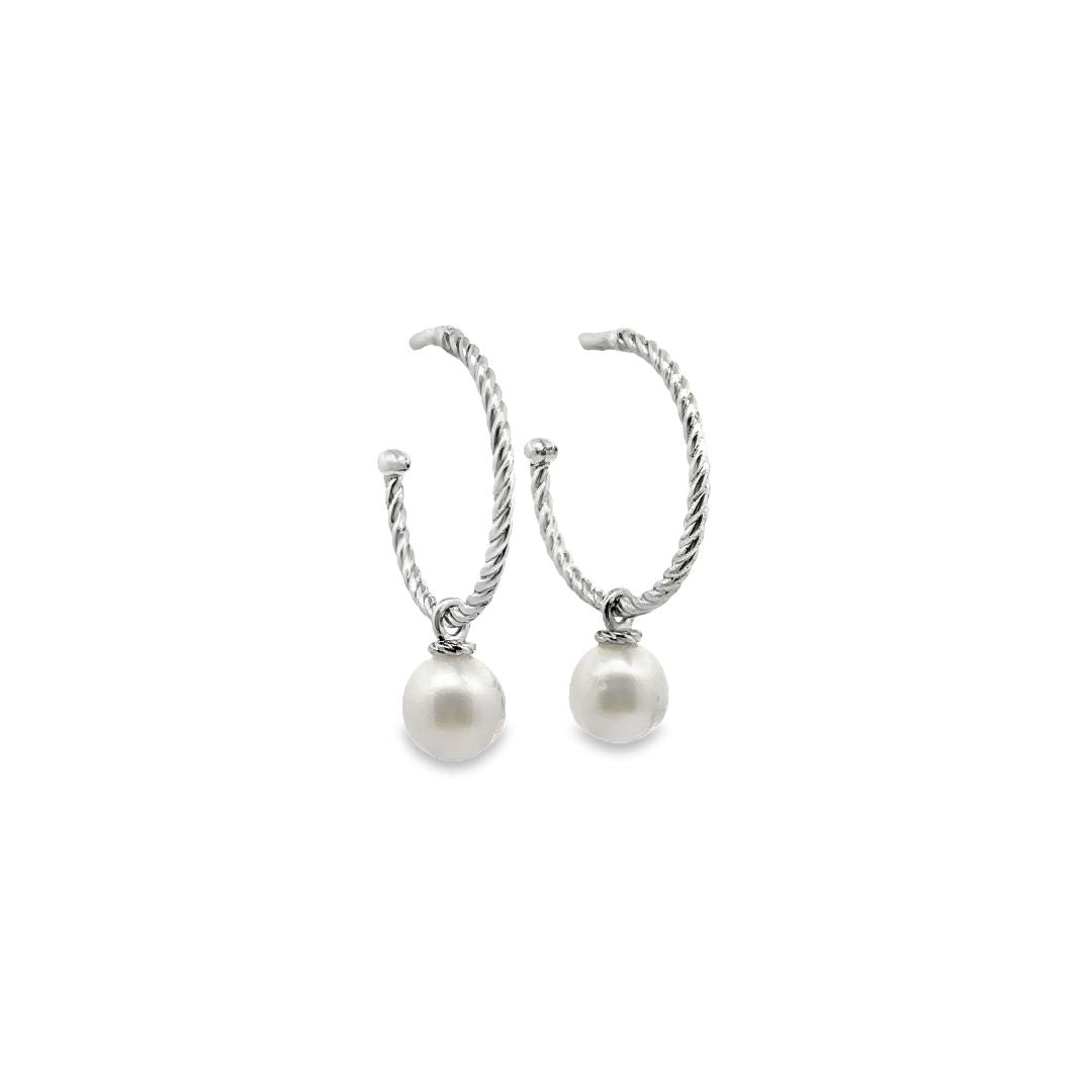 Sterling silver twist hoop earrings with removable 9mm South Sea pearl drops.