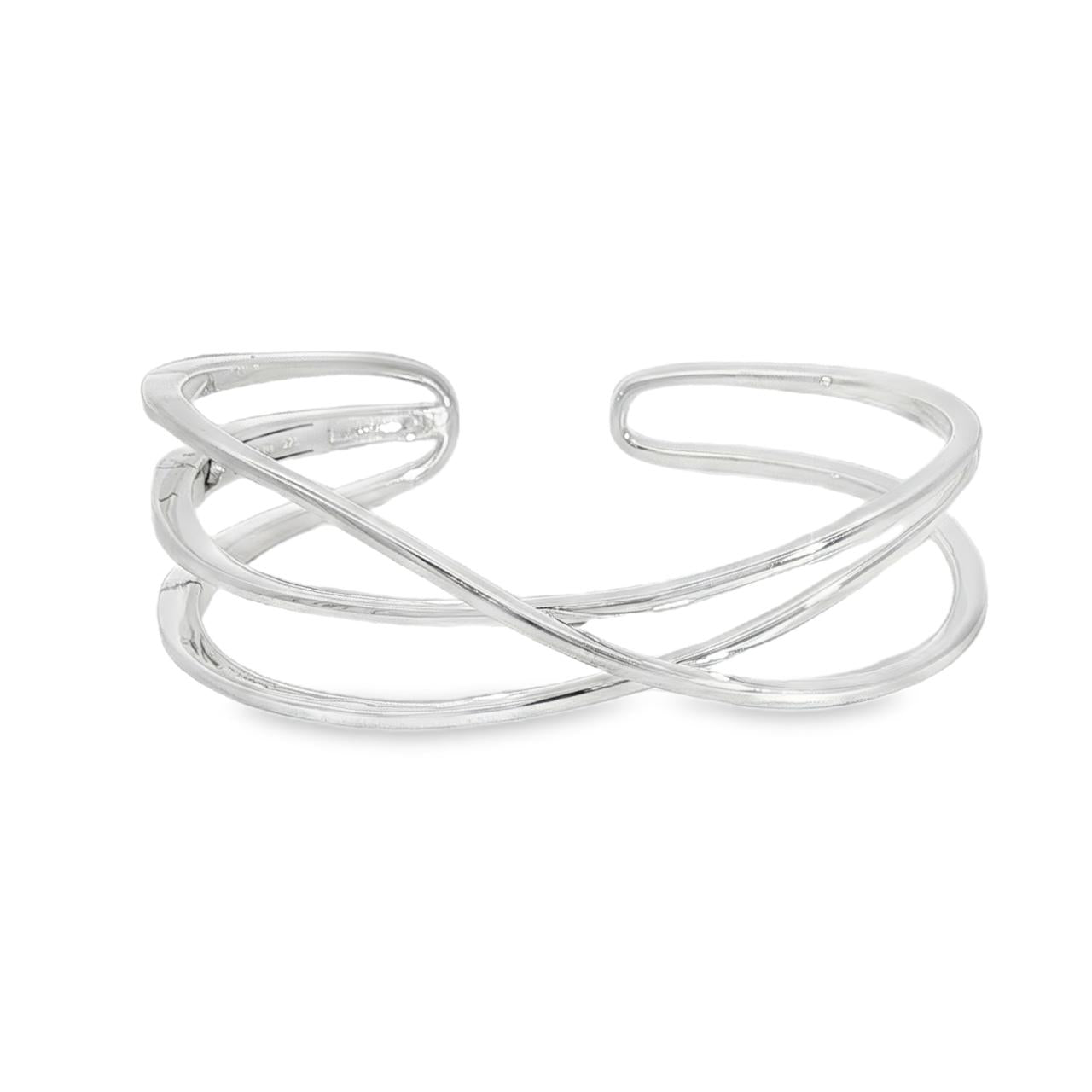 Sterling silver cuff bangle with open triple-strand curved crossover design, polished finish, 22mm wide, 60mm inner measurement.