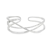 Sterling silver cuff bangle with open triple-strand curved crossover design, polished finish, 22mm wide, 60mm inner measurement.