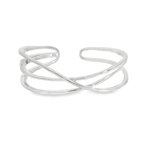 Sterling silver cuff bangle with open triple-strand curved crossover design, polished finish, 22mm wide, 60mm inner measurement.