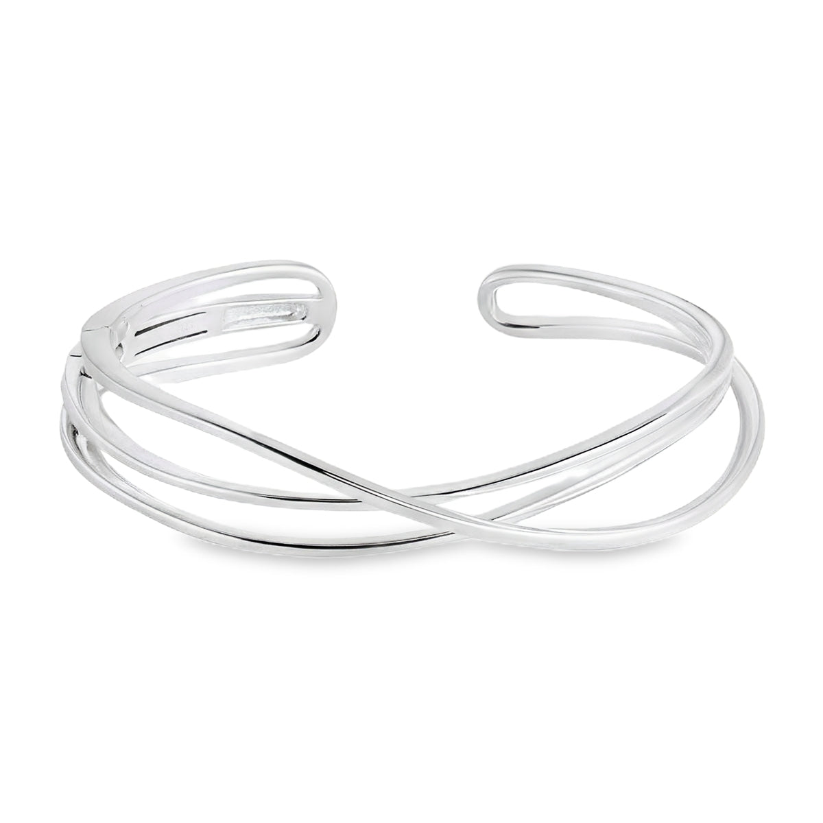 Sterling silver cuff bangle with open triple-strand curved crossover design, polished finish, 22mm wide, 60mm inner measurement.