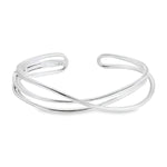 Sterling silver cuff bangle with open triple-strand curved crossover design, polished finish, 22mm wide, 60mm inner measurement.