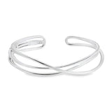 Sterling silver cuff bangle with open triple-strand curved crossover design, polished finish, 22mm wide, 60mm inner measurement.