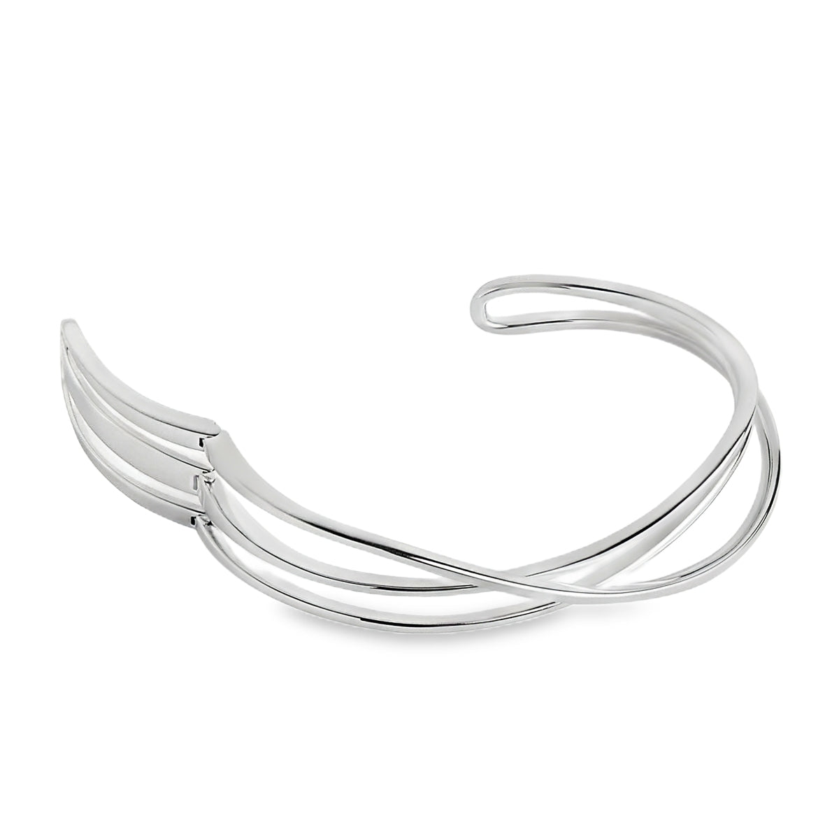Sterling silver cuff bangle with open triple-strand curved crossover design, polished finish, 22mm wide, 60mm inner measurement.