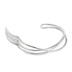 Sterling silver cuff bangle with open triple-strand curved crossover design, polished finish, 22mm wide, 60mm inner measurement.