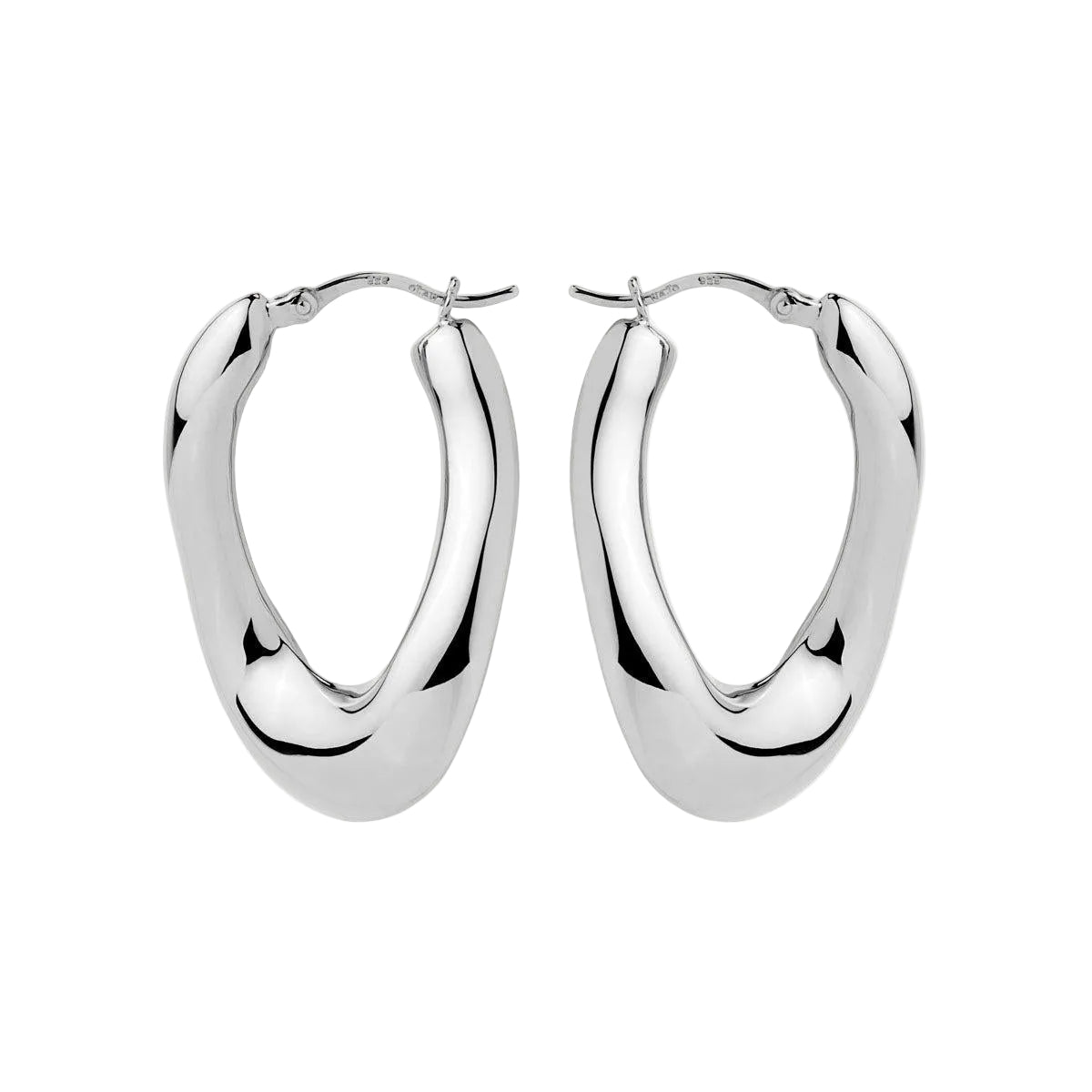Sterling silver wavy graduated oval hoop earrings with sculptural polished finish.