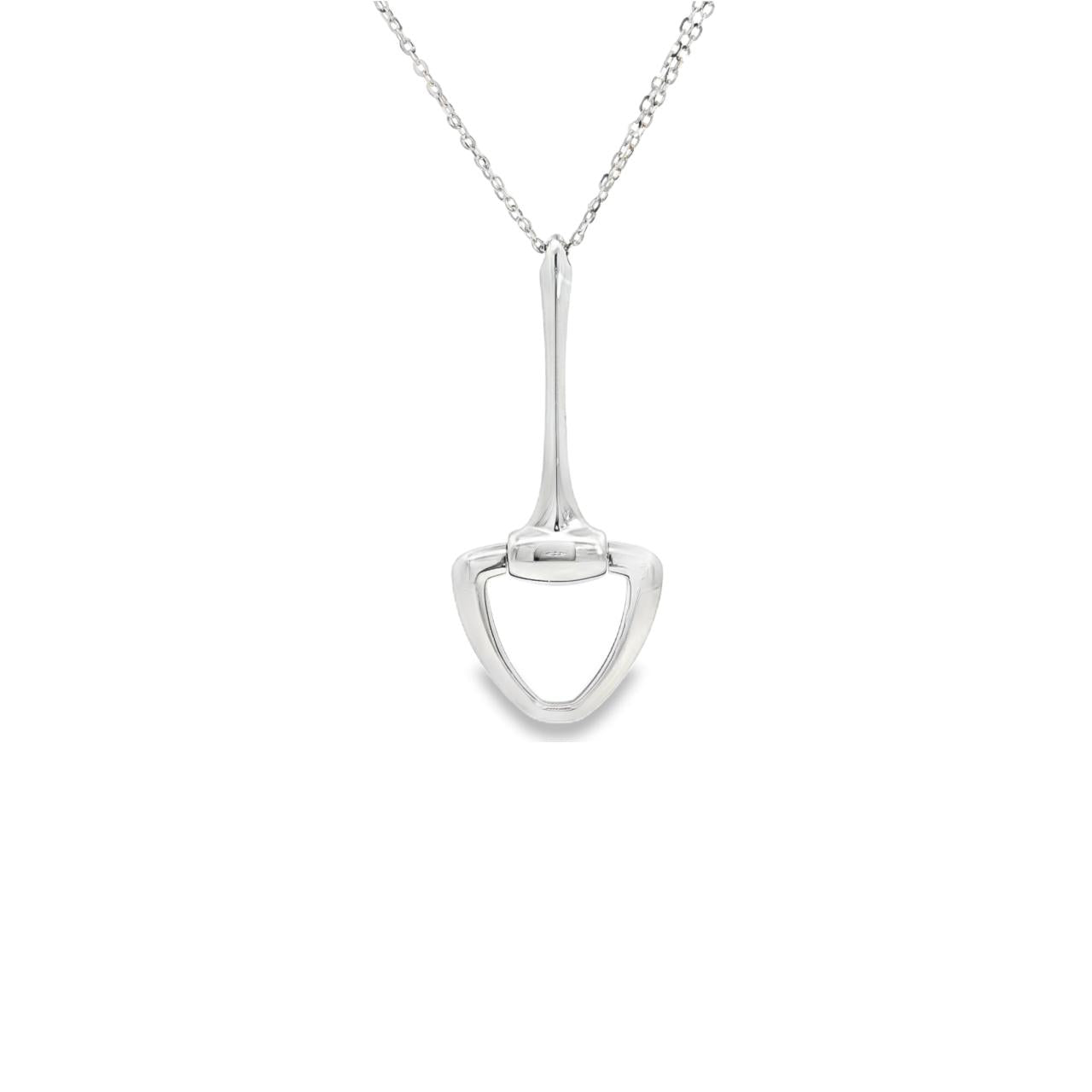 18ct white gold necklet with a fine 45 cm trace link chain and an elongated stirrup-shaped pendant, polished finish.

