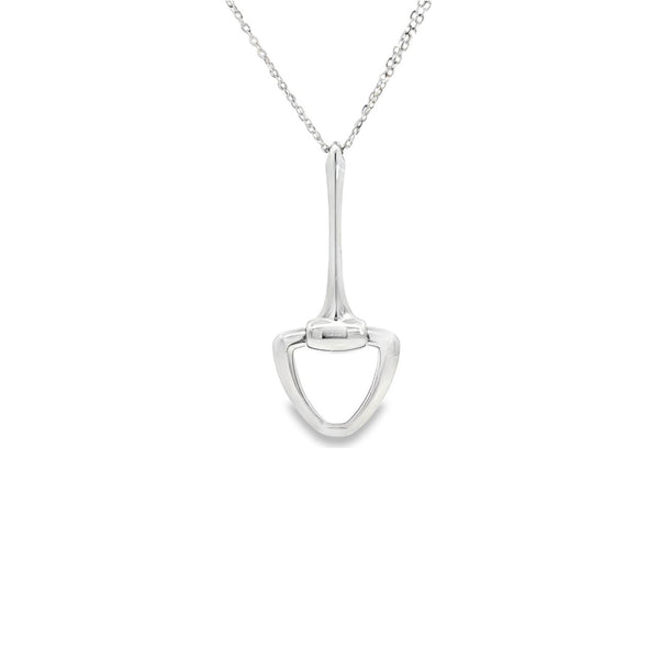 18ct white gold necklet with a fine 45 cm trace link chain and an elongated stirrup-shaped pendant, polished finish.
