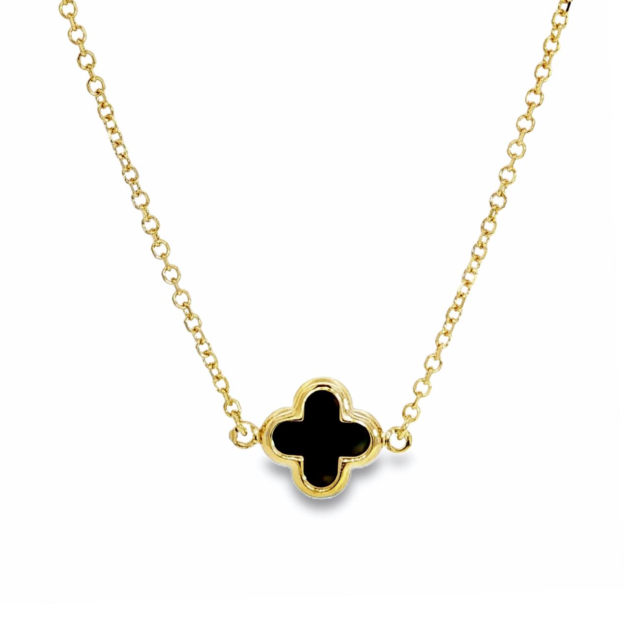 9ct yellow gold trace link necklace with small black clover pendant 45cm
