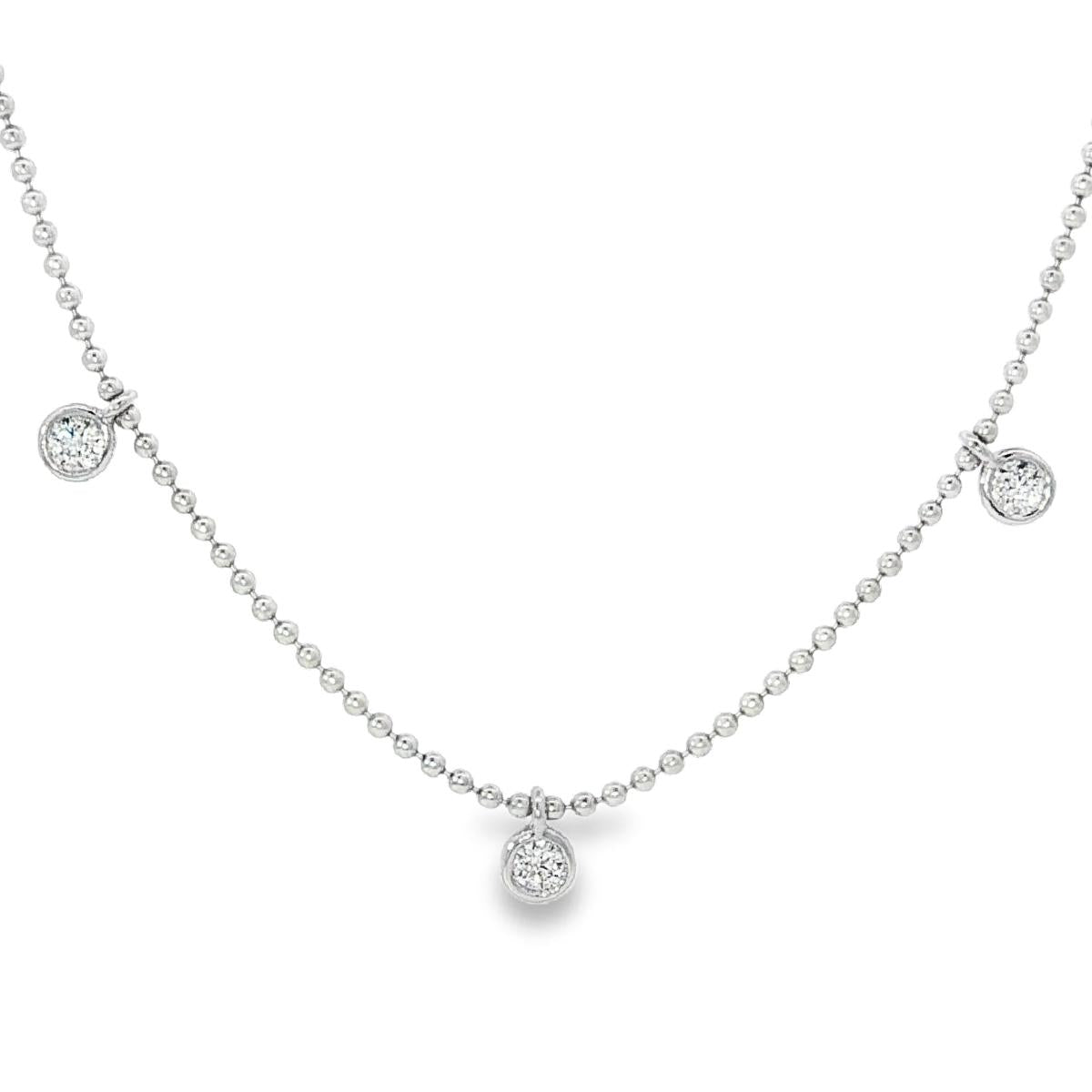 18ct white gold necklace with five bezel set diamond drops on fine chain