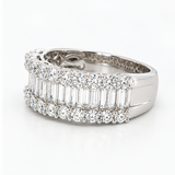 Baguette and Round Diamond Three Row Ring 1.88ct in White Gold