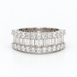 Baguette and Round Diamond Three Row Ring 1.88ct in White Gold