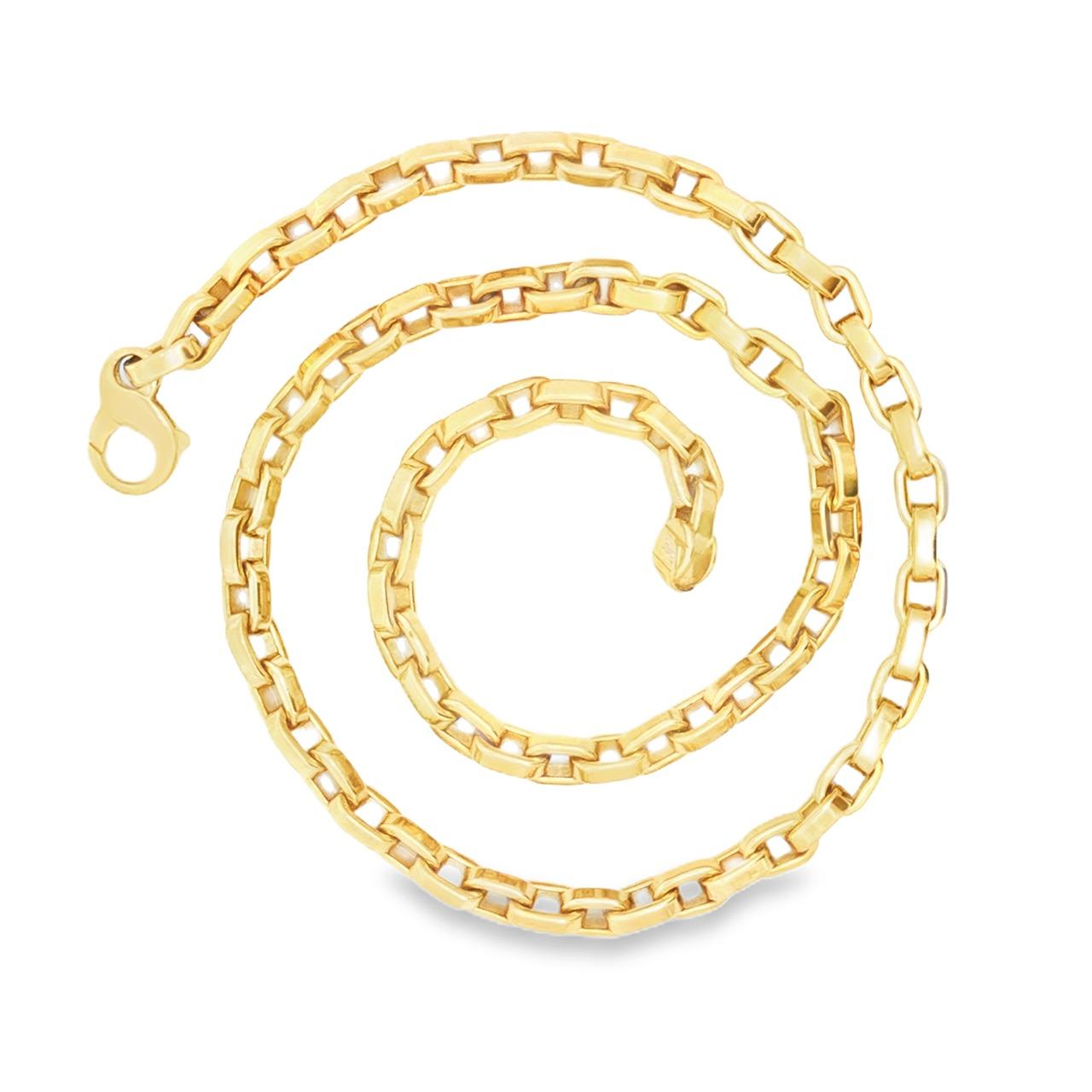 18ct yellow gold solid oval link necklet with elongated polished links and figure 8 parrot clasp, 45cm.
