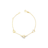 Yellow gold trace link bracelet with three mother of pearl butterfly motifs.