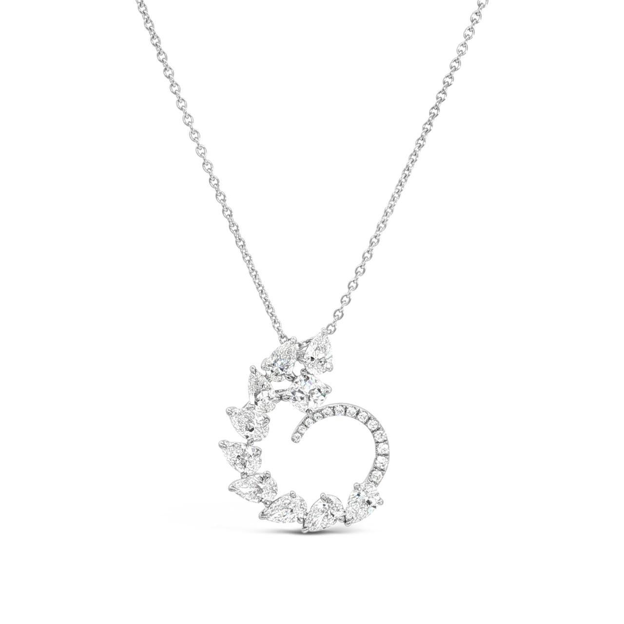 18ct white gold necklet featuring a swirl design of pear and round brilliant cut diamonds surrounding a central diamond, suspended from a fine 45 cm trace link chain.