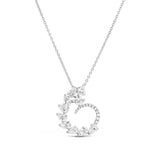 18ct white gold necklet featuring a swirl design of pear and round brilliant cut diamonds surrounding a central diamond, suspended from a fine 45 cm trace link chain.